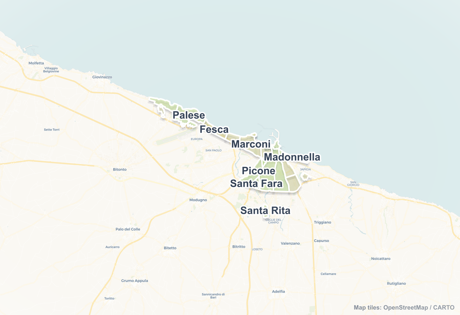 Bari safety map showing safe areas and districts to check before booking