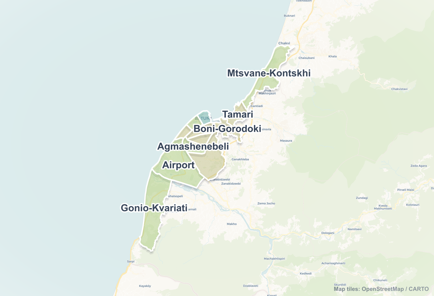 Batumi safety map showing safe areas and districts to check before booking