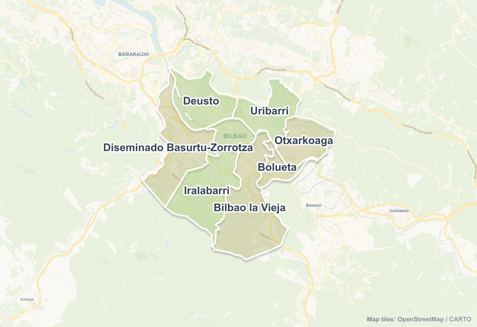 Bilbao safety map showing safe areas and districts to check before booking