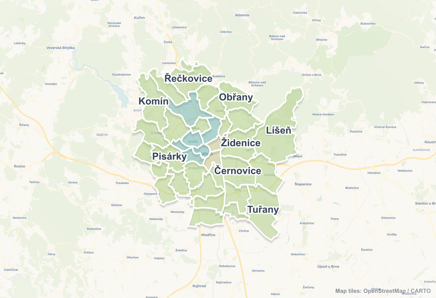 Brno safety map showing safe areas and districts to check before booking