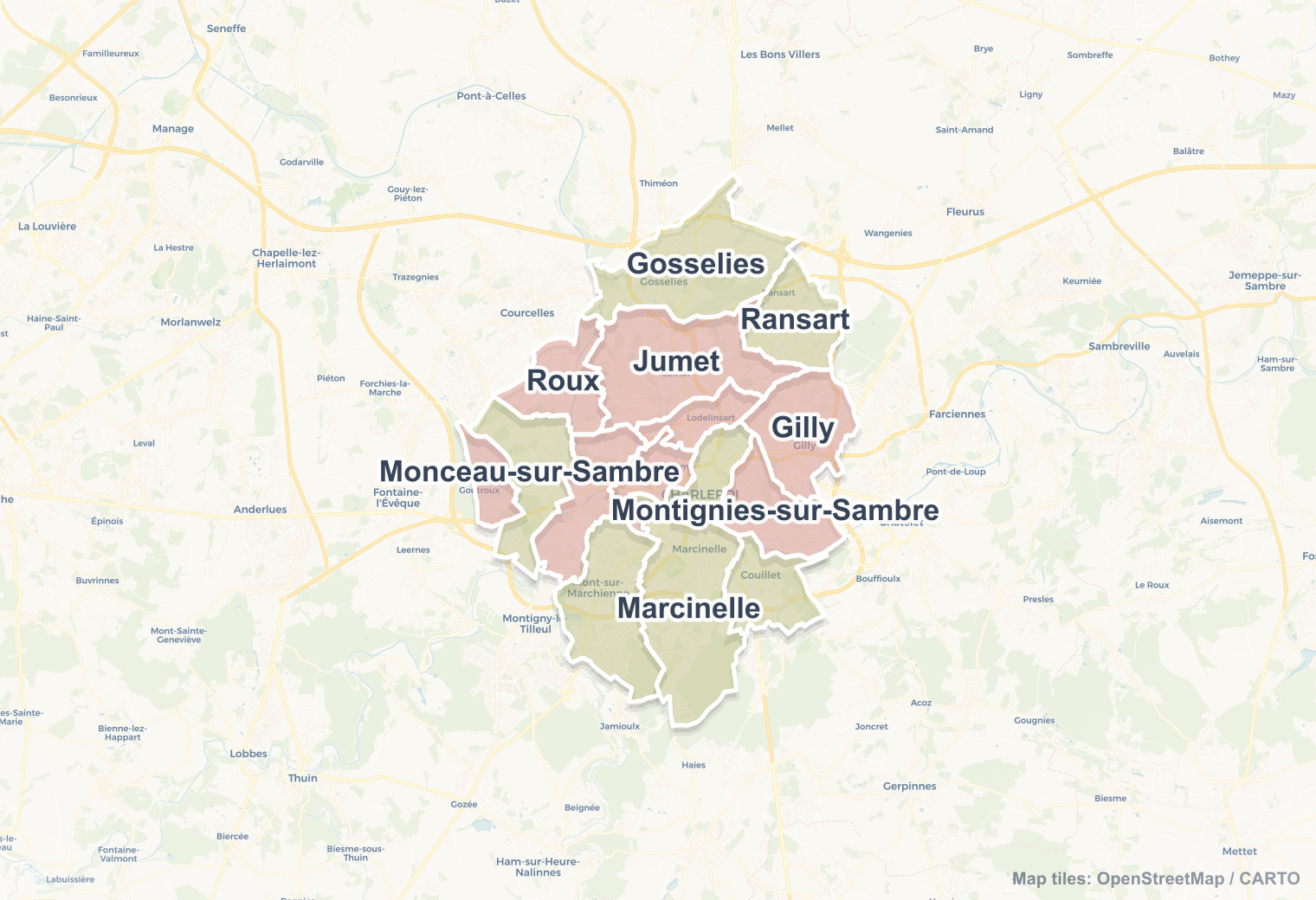 Charleroi safety map showing safe areas and districts to check before booking