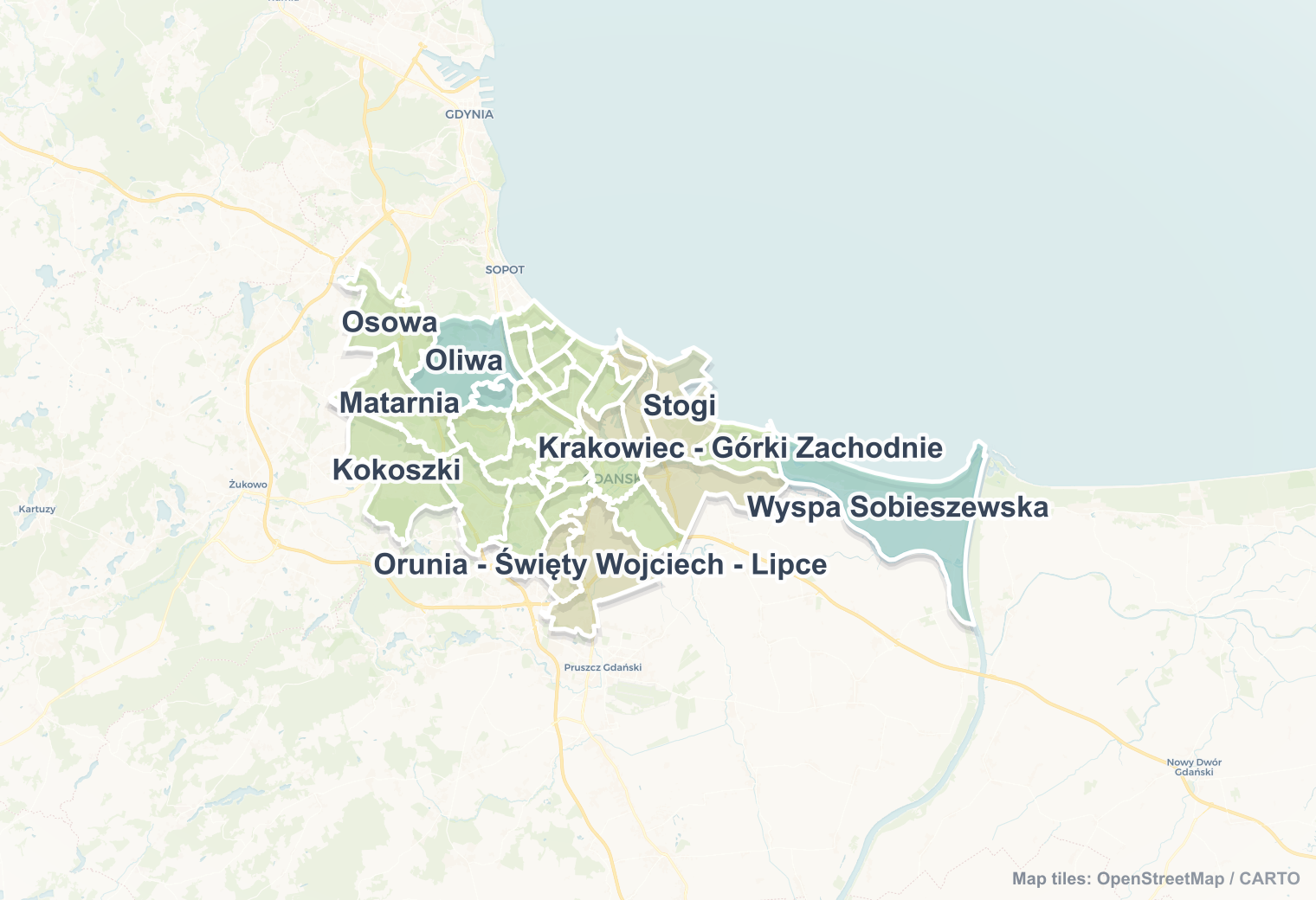 Gdańsk safety map showing safe areas and districts to check before booking