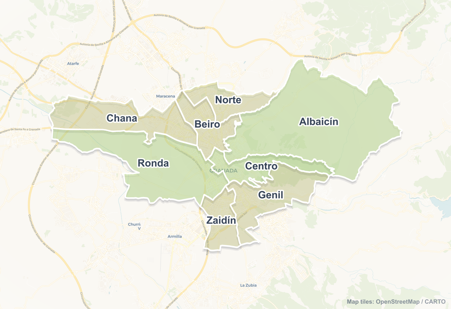 Granada safety map showing safe areas and districts to check before booking