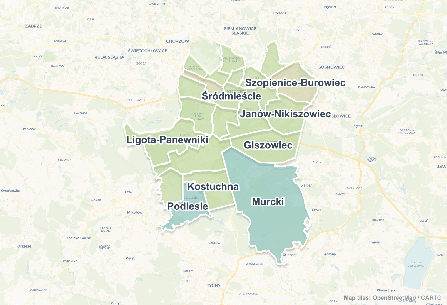 Katowice safety map showing safe areas and districts to check before booking