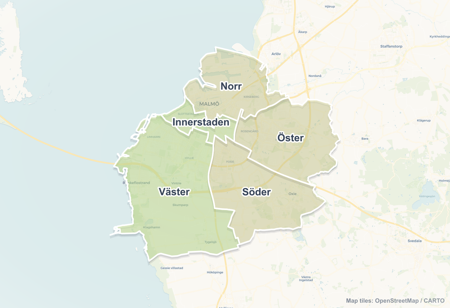 Malmo safety map showing safe areas and districts to check before booking
