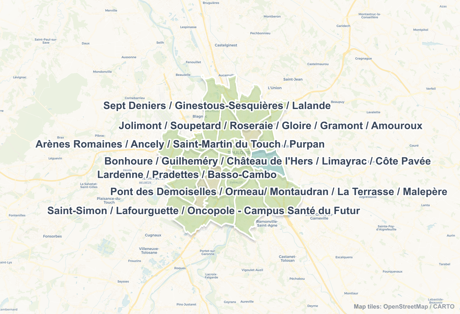 Toulouse safety map showing safe areas and districts to check before booking