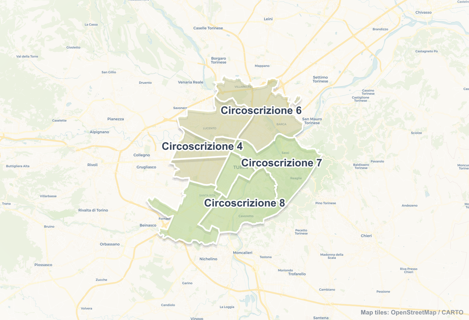 Turin safety map showing safe areas and districts to check before booking