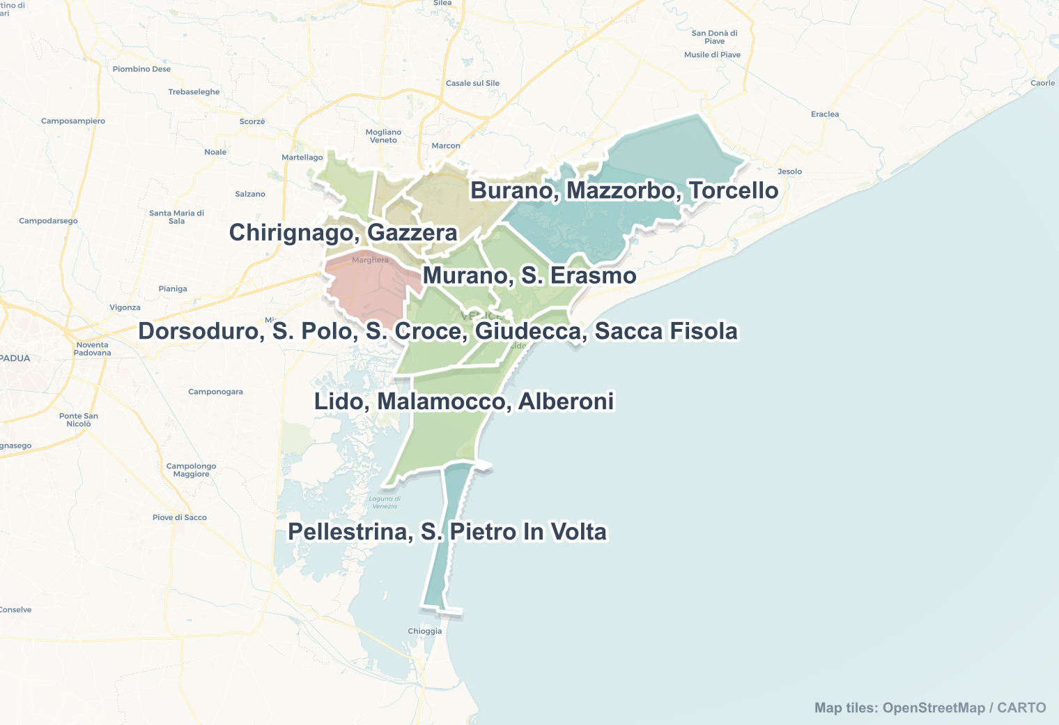 Venice safety map showing safe areas and districts to check before booking